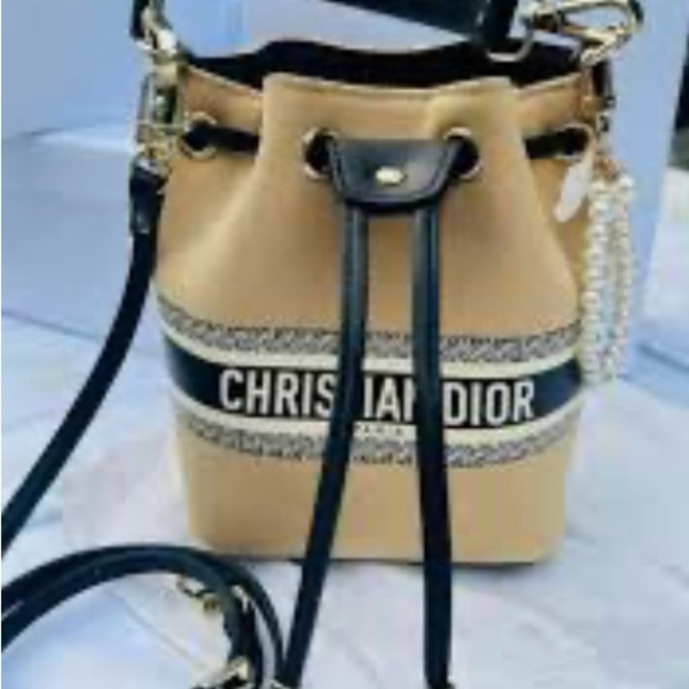 Christian Dior Beige Canvas Bucket Bag with Pearl Charm